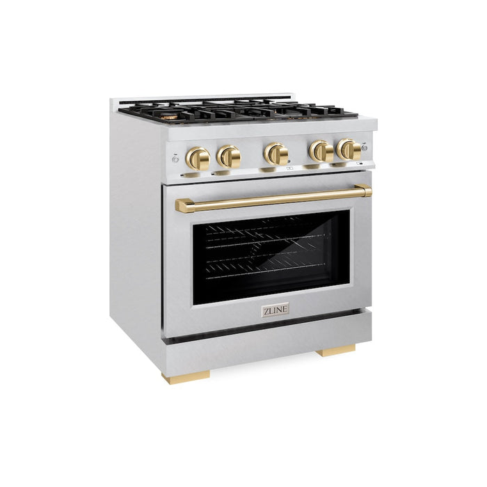 ZLINE Autograph Edition 30 in. 4.2 cu. ft. Select Dual Fuel Range with 4 Burner Gas Cooktop and Electric Convection Oven in DuraSnow® Stainless Steel with Polished Gold Accents (HDRSZ-30-G)