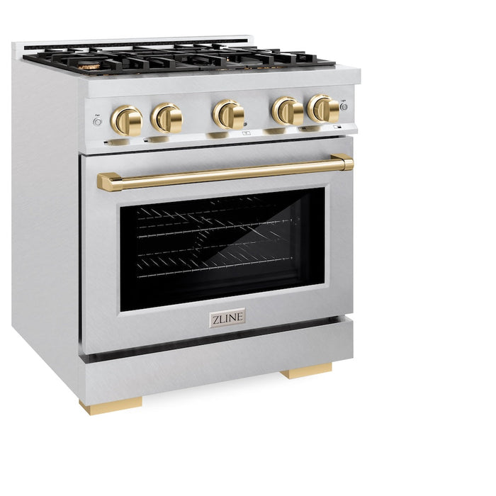 ZLINE Autograph Edition 30 in. 4.2 cu. ft. Select Dual Fuel Range with 4 Burner Gas Cooktop and Electric Convection Oven in DuraSnow® Stainless Steel with Polished Gold Accents (HDRSZ-30-G)