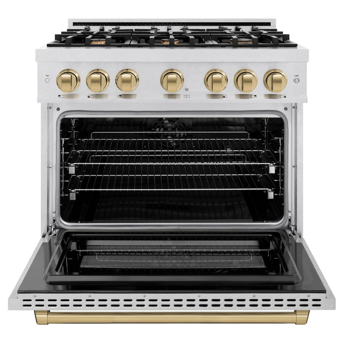 ZLINE Autograph Edition 36 in. 5.2 cu. ft. Select Dual Fuel Range with 6 Burner Gas Cooktop and Electric Convection Oven in DuraSnow® Stainless Steel with Champagne Bronze Accents (HDRSZ-36-CB)