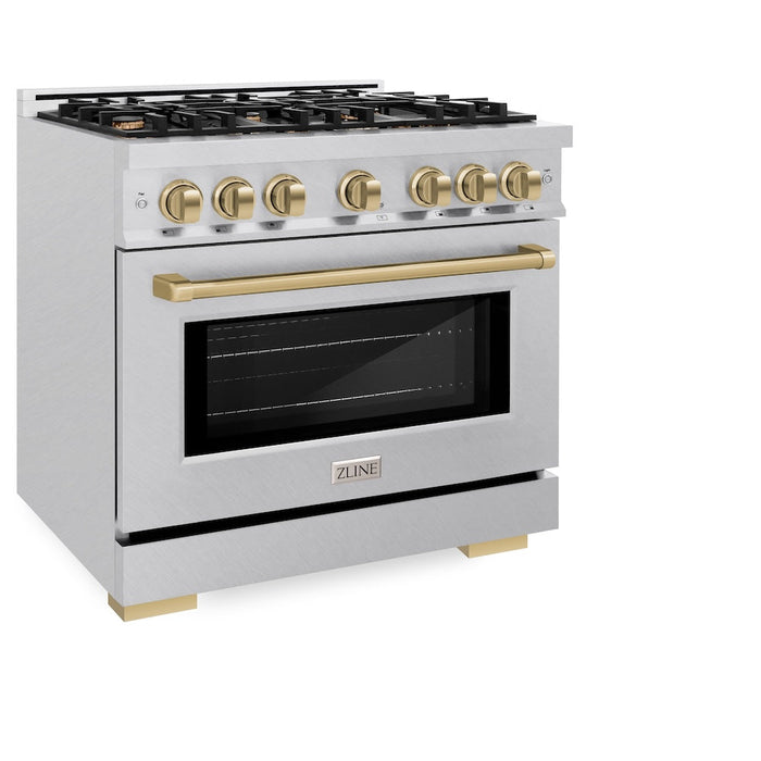 ZLINE Autograph Edition 36 in. 5.2 cu. ft. Select Dual Fuel Range with 6 Burner Gas Cooktop and Electric Convection Oven in DuraSnow® Stainless Steel with Champagne Bronze Accents (HDRSZ-36-CB)