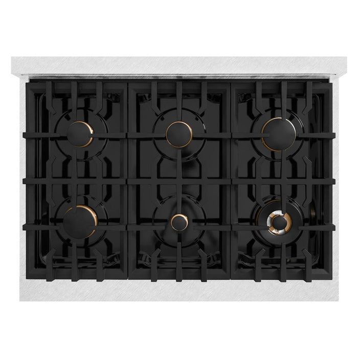 ZLINE Autograph Edition 36 in. 5.2 cu. ft. Select Dual Fuel Range with 6 Burner Gas Cooktop and Electric Convection Oven in DuraSnow® Stainless Steel with Champagne Bronze Accents (HDRSZ-36-CB)