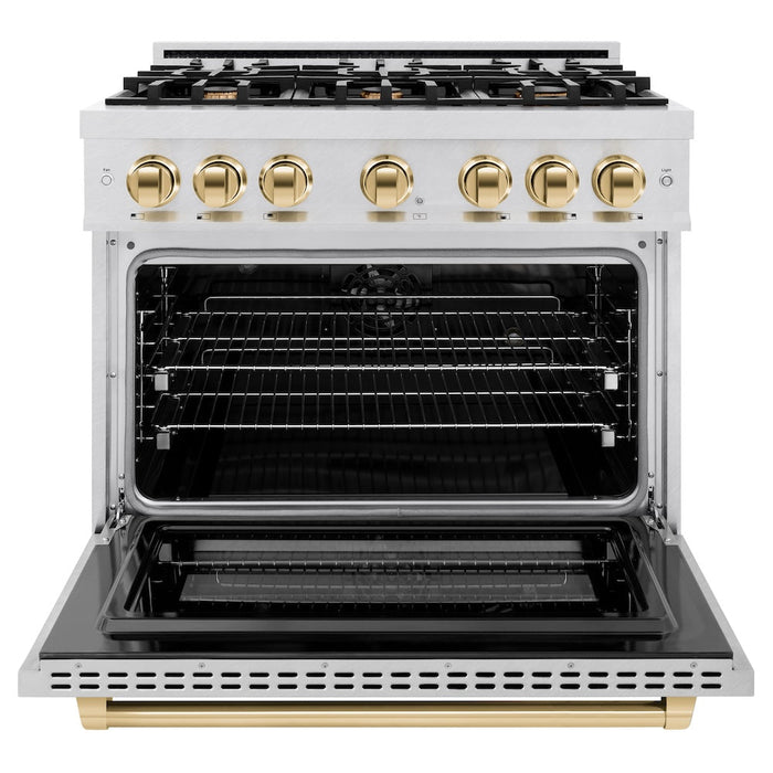 ZLINE Autograph Edition 36 in. 5.2 cu. ft. Select Dual Fuel Range with 6 Burner Gas Cooktop and Electric Convection Oven in DuraSnow® Stainless Steel with Polished Gold Accents (HDRSZ-36-G)