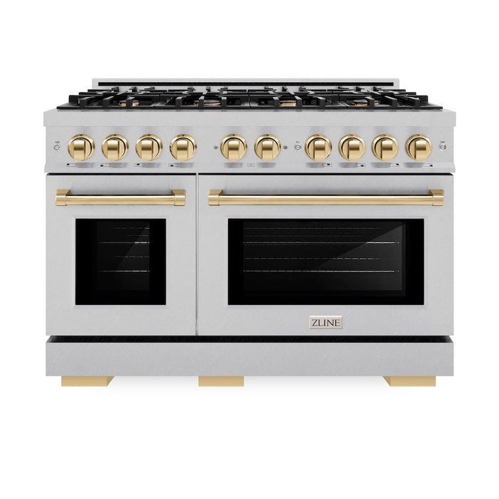 ZLINE Autograph Edition 48 in. 6.7 cu. ft. Select Double Oven Dual Fuel Range with 8 Burner Gas Cooktop in DuraSnow® Stainless Steel and Polished Gold Accents (HDRSZ-48-G)