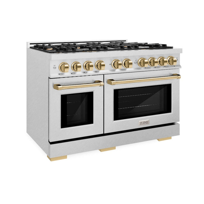 ZLINE Autograph Edition 48 in. 6.7 cu. ft. Select Double Oven Dual Fuel Range with 8 Burner Gas Cooktop in DuraSnow® Stainless Steel and Polished Gold Accents (HDRSZ-48-G)