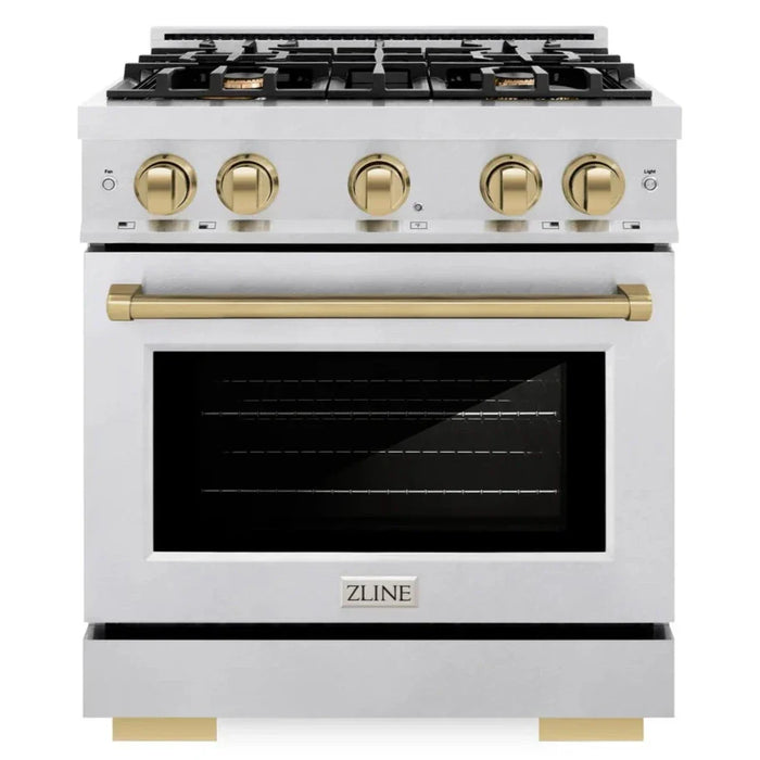 ZLINE Autograph Edition 30" 4.2 cu. ft. Select Gas Range with 4 Burners in DuraSnow® Stainless Steel and Champagne Bronze Accents, HGRSZ-30-CB