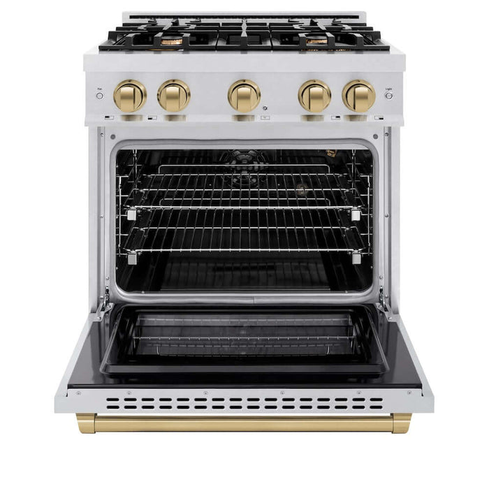 ZLINE Autograph Edition 30 in. 4.2 cu. ft. Select Gas Range with 4 Burner Cooktop and Convection Gas Oven in DuraSnow® Stainless Steel and Champagne Bronze Accents (HGRSZ-30-CB)