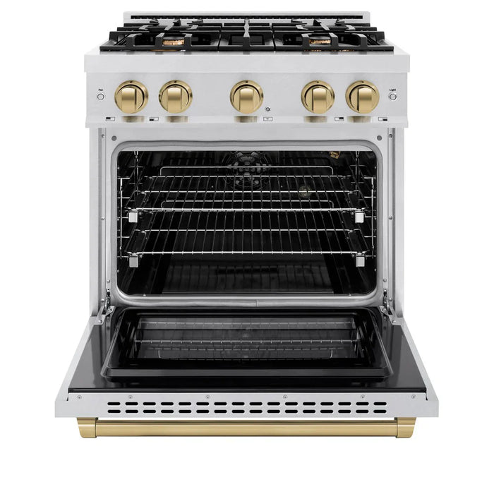 ZLINE Autograph Edition 30" 4.2 cu. ft. Select Gas Range with 4 Burners in DuraSnow® Stainless Steel and Champagne Bronze Accents, HGRSZ-30-CB