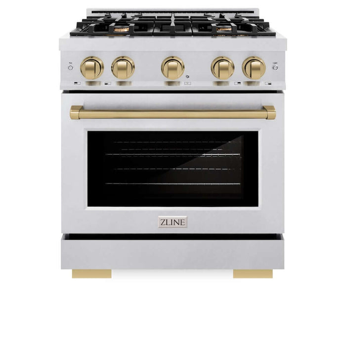 ZLINE Autograph Edition 30 in. 4.2 cu. ft. Select Gas Range with 4 Burner Cooktop and Convection Gas Oven in DuraSnow® Stainless Steel and Champagne Bronze Accents (HGRSZ-30-CB)