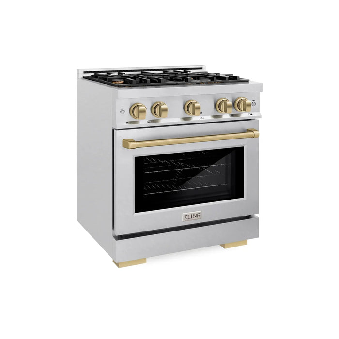 ZLINE Autograph Edition 30" 4.2 cu. ft. Select Gas Range with 4 Burners in DuraSnow® Stainless Steel and Champagne Bronze Accents, HGRSZ-30-CB