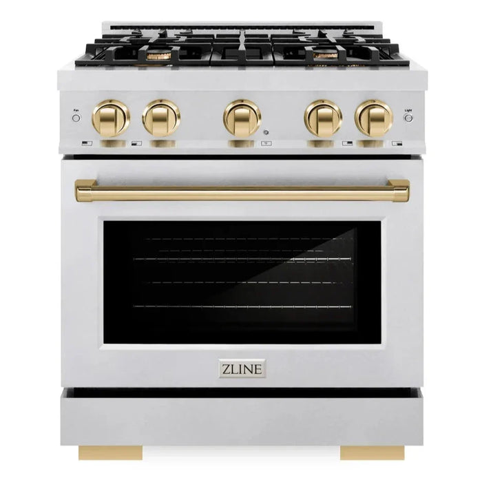 ZLINE Autograph Edition 30" 4.2 cu. ft. Select Gas Range with 4 Burners in DuraSnow® Stainless Steel and Polished Gold Accents, HGRSZ-30-G