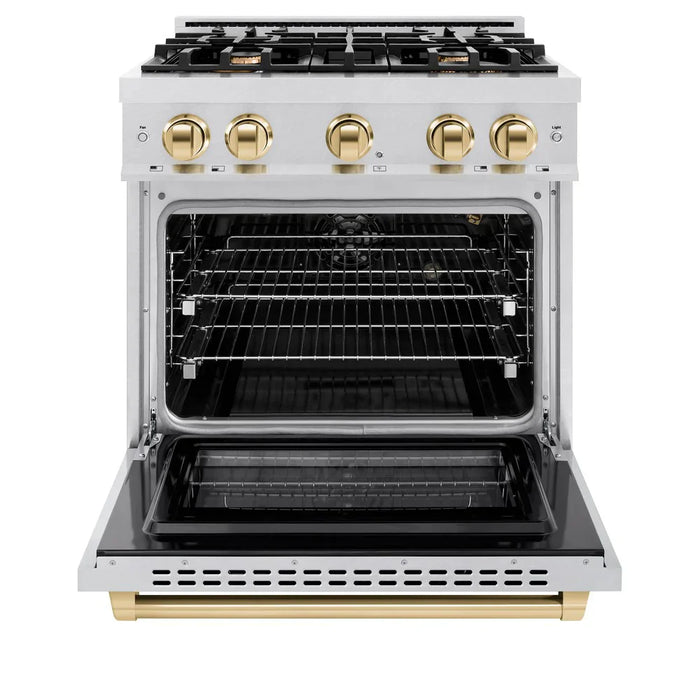 ZLINE Autograph Edition 30" 4.2 cu. ft. Select Gas Range with 4 Burners in DuraSnow® Stainless Steel and Polished Gold Accents, HGRSZ-30-G