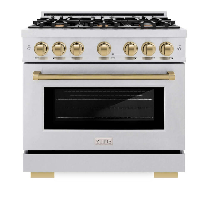 ZLINE Autograph Edition 36 in. 5.2 cu. ft. Select Gas Range with 6 Burner Cooktop and Convection Gas Oven in DuraSnow® Stainless Steel and Champagne Bronze Accents (HGRSZ-36-CB)