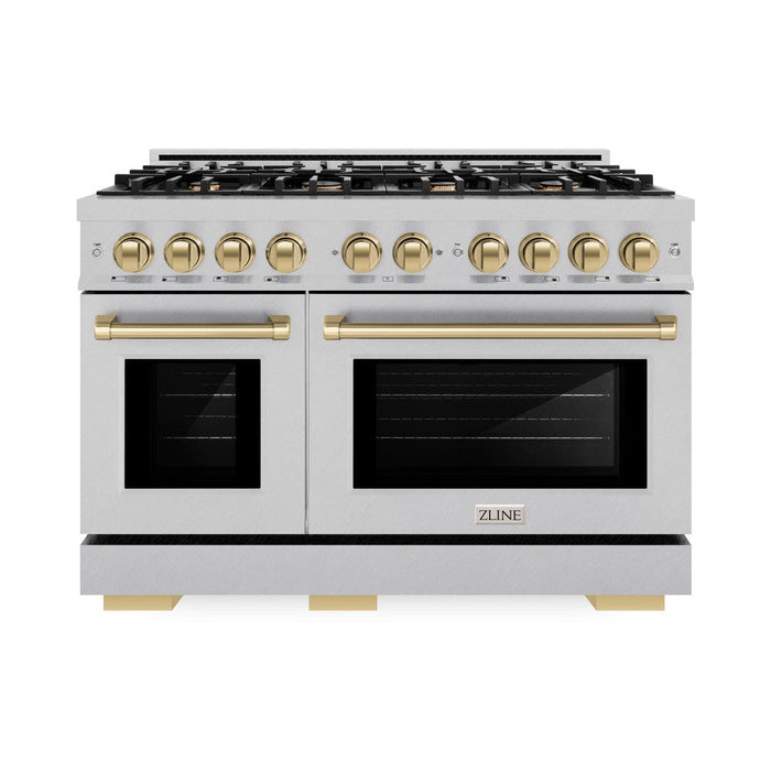 ZLINE Autograph Edition 48 in. 6.7 cu. ft. Select Double Oven Gas Range with 8 Burner Cooktop in DuraSnow® Stainless Steel and Champagne Bronze Accents (HGRSZ-48-CB)