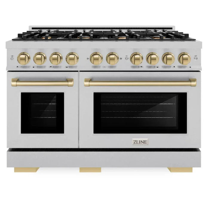 ZLINE Autograph Edition 48" 6.7 cu. ft. Select Double Oven Gas Range with 8 Burners in DuraSnow® Stainless Steel and Champagne Bronze Accents, HGRSZ-48-CB