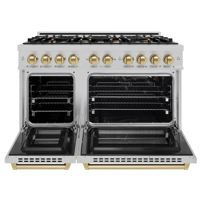 ZLINE Autograph Edition 48" 6.7 cu. ft. Select Double Oven Gas Range with 8 Burners in DuraSnow® Stainless Steel and Champagne Bronze Accents, HGRSZ-48-CB