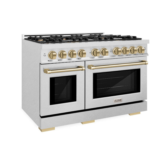 ZLINE Autograph Edition 48 in. 6.7 cu. ft. Select Double Oven Gas Range with 8 Burner Cooktop in DuraSnow® Stainless Steel and Champagne Bronze Accents (HGRSZ-48-CB)