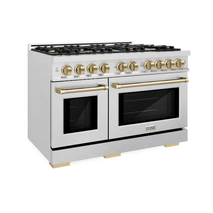 ZLINE Autograph Edition 48" 6.7 cu. ft. Select Double Oven Gas Range with 8 Burners in DuraSnow® Stainless Steel and Champagne Bronze Accents, HGRSZ-48-CB