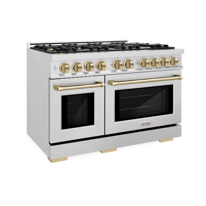 ZLINE Autograph Edition 48 in. 6.7 cu. ft. Select Double Oven Gas Range with 8 Burner Cooktop in DuraSnow® Stainless Steel and Champagne Bronze Accents (HGRSZ-48-CB)