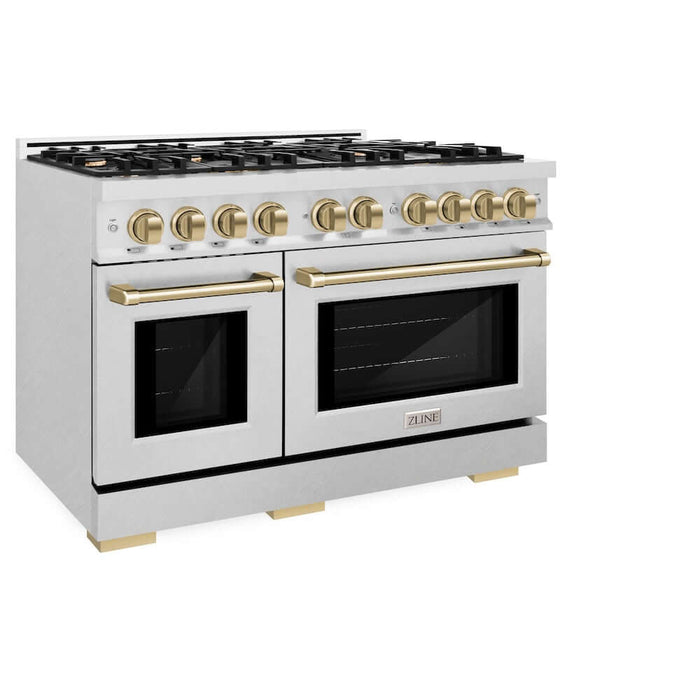 ZLINE Autograph Edition 48 in. 6.7 cu. ft. Select Double Oven Gas Range with 8 Burner Cooktop in DuraSnow® Stainless Steel and Champagne Bronze Accents (HGRSZ-48-CB)