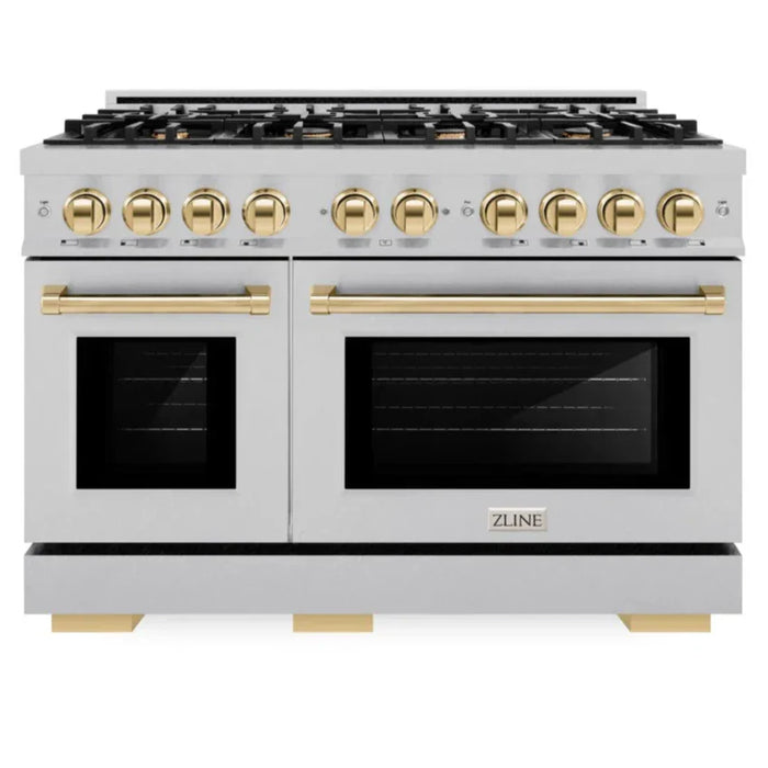 ZLINE Autograph Edition 48" 6.7 cu. ft. Select Double Oven Gas Range with 8 Burners in DuraSnow® Stainless Steel and Polished Gold Accents, HGRSZ-48-G