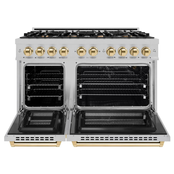 ZLINE Autograph Edition 48" 6.7 cu. ft. Select Double Oven Gas Range with 8 Burners in DuraSnow® Stainless Steel and Polished Gold Accents, HGRSZ-48-G