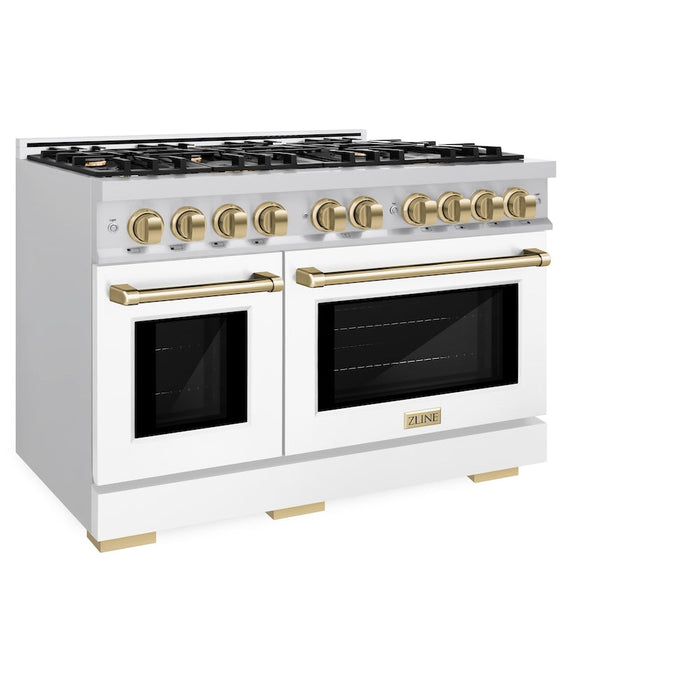 ZLINE Autograph Edition 48 in. 6.7 cu. ft. Select Double Oven Dual Fuel Range with 8 Burner Gas Cooktop in DuraSnow® Stainless Steel with White Matte Doors and Champagne Bronze Accents (HDRSZ-WM-48-CB)