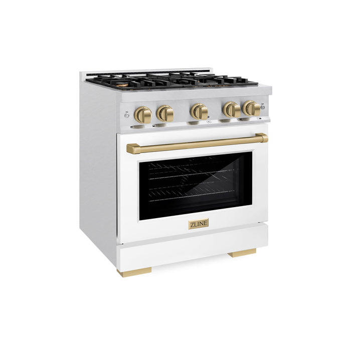 ZLINE Autograph Edition 30 in. 4.2 cu. ft. Select Dual Fuel Range with 4 Burner Gas Cooktop and Electric Convection Oven in DuraSnow® Stainless Steel with White Matte Door and Champagne Bronze Accents (HDRSZ-WM-30-CB)