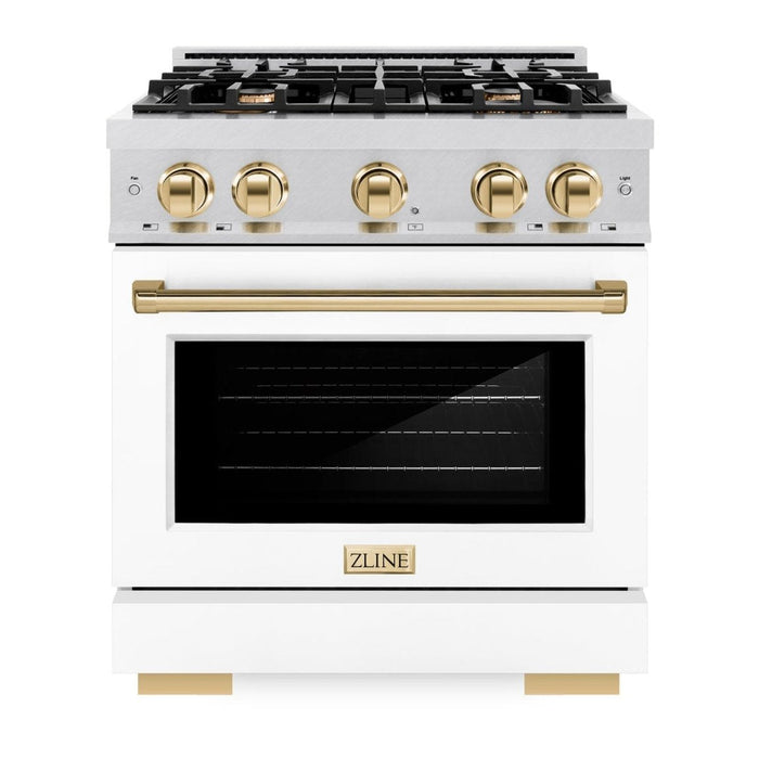 ZLINE Autograph Edition 30" 4.2 cu. ft. Select Dual Fuel Range with 4 Burners in DuraSnow® Stainless Steel with White Matte Door and Polished Gold Accents, HDRSZ-WM-30-G