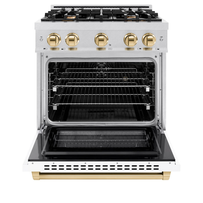 ZLINE Autograph Edition 30" 4.2 cu. ft. Select Dual Fuel Range with 4 Burners in DuraSnow® Stainless Steel with White Matte Door and Polished Gold Accents, HDRSZ-WM-30-G