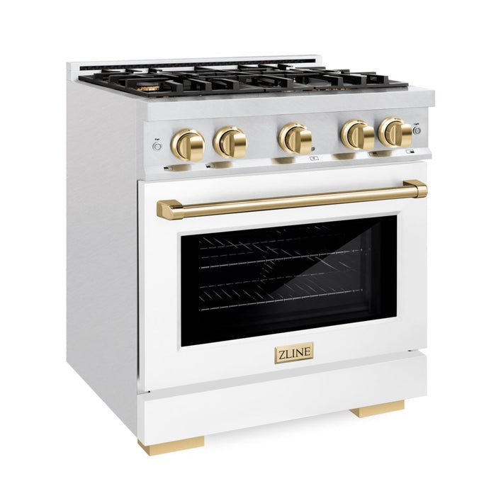 ZLINE Autograph Edition 30" 4.2 cu. ft. Select Dual Fuel Range with 4 Burners in DuraSnow® Stainless Steel with White Matte Door and Polished Gold Accents, HDRSZ-WM-30-G