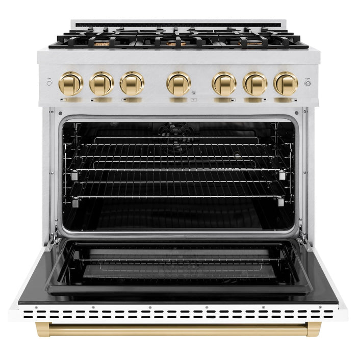 ZLINE Autograph Edition 36 in. 5.2 cu. ft. Select Dual Fuel Range with 6 Burner Gas Cooktop and Electric Convection Oven in DuraSnow® Stainless Steel with White Matte Door and Polished Gold Accents (HDRSZ-WM-36-G)