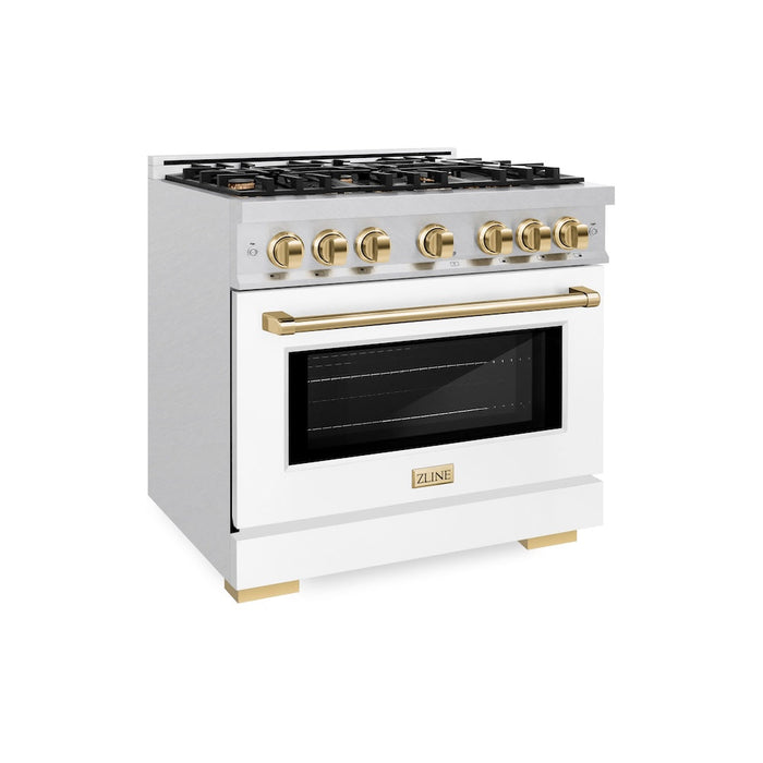 ZLINE Autograph Edition 36 in. 5.2 cu. ft. Select Dual Fuel Range with 6 Burner Gas Cooktop and Electric Convection Oven in DuraSnow® Stainless Steel with White Matte Door and Polished Gold Accents (HDRSZ-WM-36-G)