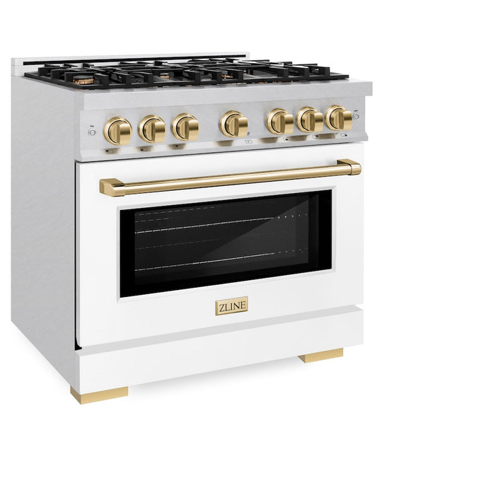 ZLINE Autograph Edition 36 in. 5.2 cu. ft. Select Dual Fuel Range with 6 Burner Gas Cooktop and Electric Convection Oven in DuraSnow® Stainless Steel with White Matte Door and Polished Gold Accents (HDRSZ-WM-36-G)