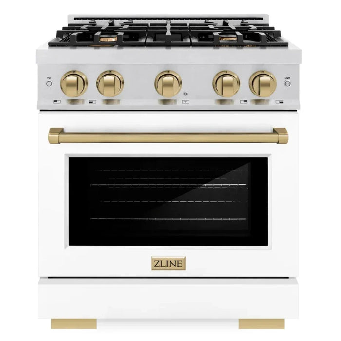 ZLINE Autograph Edition 30" 4.2 cu. ft. Select Gas Range with 4 Burners in DuraSnow® Stainless Steel with White Matte Door and Champagne Bronze Accents, HGRSZ-WM-30-CB