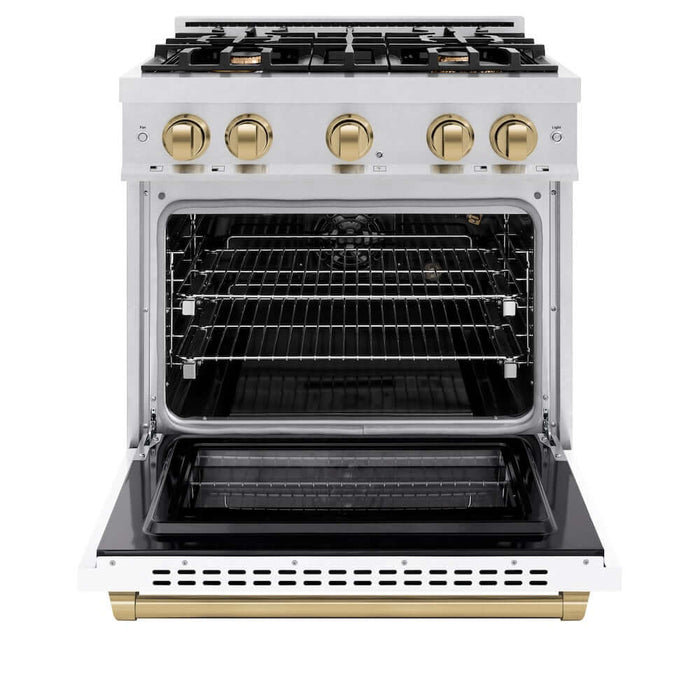 ZLINE Autograph Edition 30 in. 4.2 cu. ft. Select Gas Range with 4 Burner Cooktop and Convection Gas Oven in DuraSnow® Stainless Steel with White Matte Door and Champagne Bronze Accents (HGRSZ-WM-30-CB)