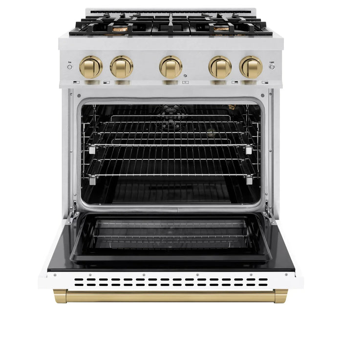 ZLINE Autograph Edition 30" 4.2 cu. ft. Select Gas Range with 4 Burners in DuraSnow® Stainless Steel with White Matte Door and Champagne Bronze Accents, HGRSZ-WM-30-CB