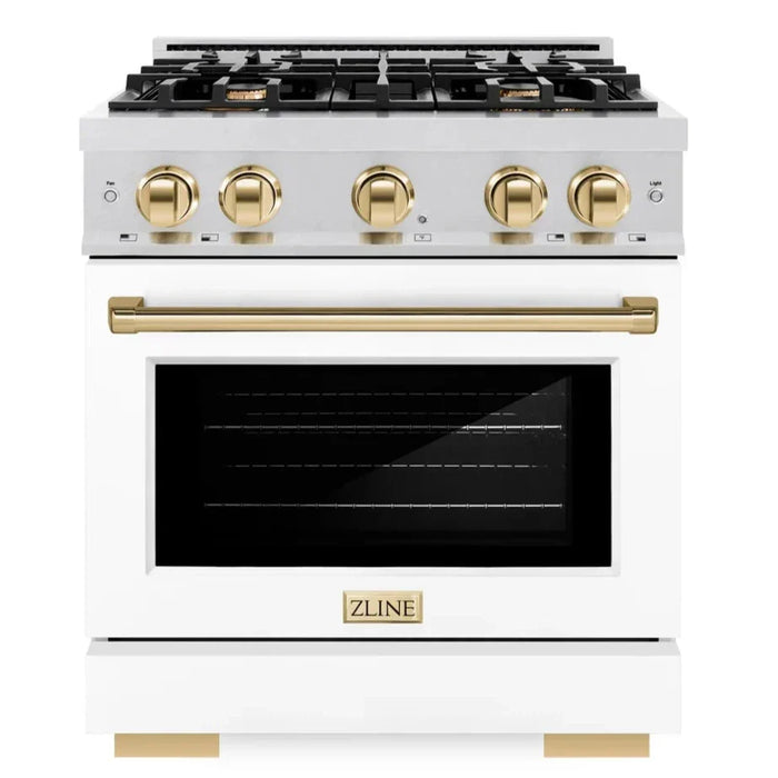 ZLINE Autograph Edition 30" 4.2 cu. ft. Select Gas Range with 4 Burners in DuraSnow® Stainless Steel with White Matte Door and Polished Gold Accents, HGRSZ-WM-30-G