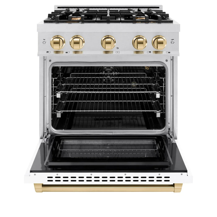 ZLINE Autograph Edition 30" 4.2 cu. ft. Select Gas Range with 4 Burners in DuraSnow® Stainless Steel with White Matte Door and Polished Gold Accents, HGRSZ-WM-30-G