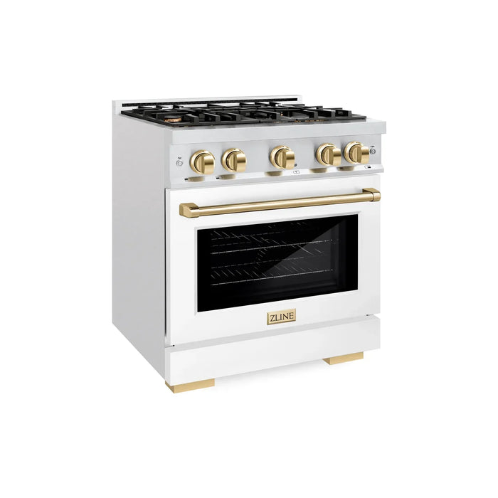 ZLINE Autograph Edition 30" 4.2 cu. ft. Select Gas Range with 4 Burners in DuraSnow® Stainless Steel with White Matte Door and Polished Gold Accents, HGRSZ-WM-30-G