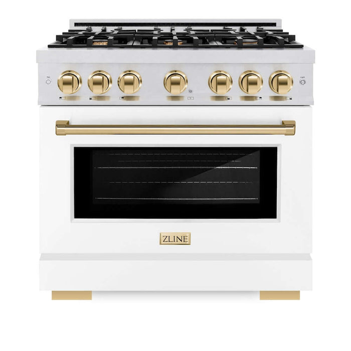 ZLINE Autograph Edition 36 in. 5.2 cu. ft. Select Gas Range with 6 Burner Cooktop and Convection Gas Oven in DuraSnow® Stainless Steel with White Matte Door and Polished Gold Accents (HGRSZ-WM-36-G)