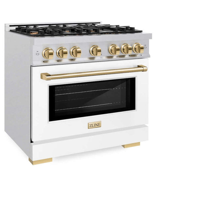 ZLINE Autograph Edition 36 in. 5.2 cu. ft. Select Gas Range with 6 Burner Cooktop and Convection Gas Oven in DuraSnow® Stainless Steel with White Matte Door and Polished Gold Accents (HGRSZ-WM-36-G)