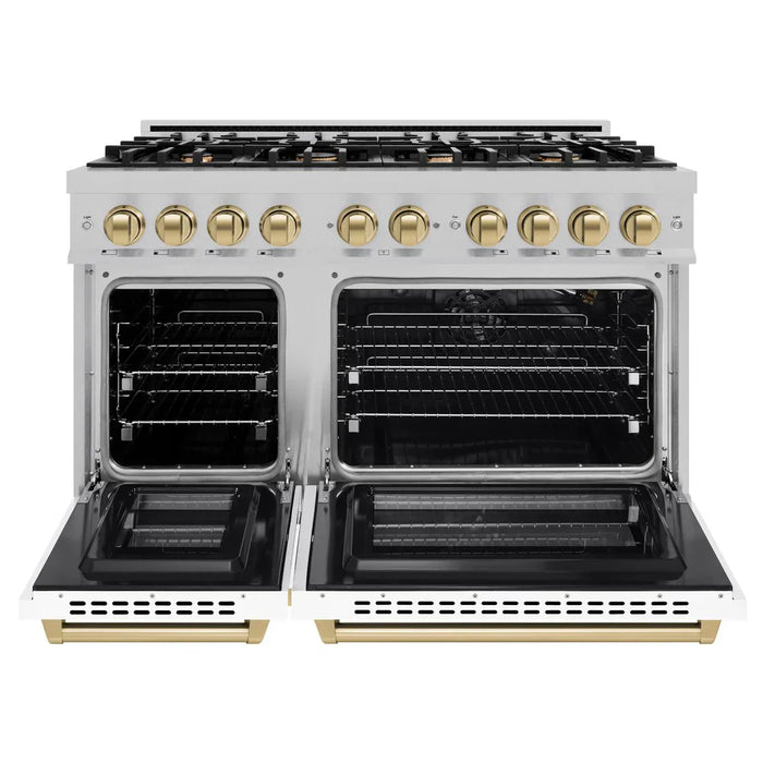 ZLINE Autograph Edition 48" 6.7 cu. ft. Select Double Oven Gas Range with 8 Burners in DuraSnow® Stainless Steel with White Matte Doors and Champagne Bronze Accents, HGRSZ-WM-48-CB