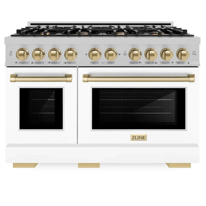 ZLINE Autograph Edition 48" 6.7 cu. ft. Select Double Oven Gas Range with 8 Burners in DuraSnow® Stainless Steel with White Matte Doors and Champagne Bronze Accents, HGRSZ-WM-48-CB