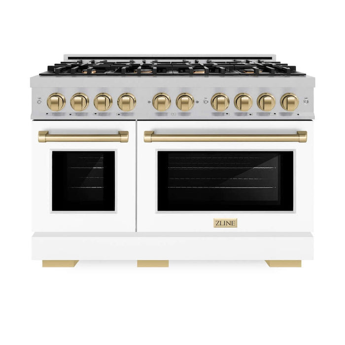 ZLINE Autograph Edition 48 in. 6.7 cu. ft. Select Double Oven Gas Range with 8 Burner Cooktop in DuraSnow® Stainless Steel with White Matte Doors and Champagne Bronze Accents (HGRSZ-WM-48-CB)