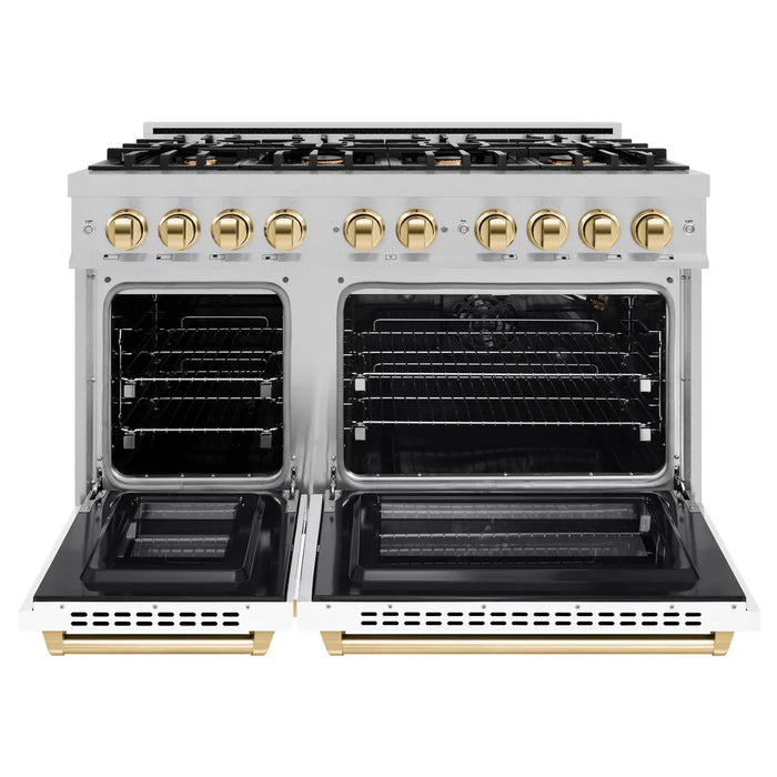 ZLINE Autograph Edition 48" 6.7 cu. ft. Select Double Oven Gas Range with 8 Burners in DuraSnow® Stainless Steel with White Matte Doors and Polished Gold Accents, HGRSZ-WM-48-G