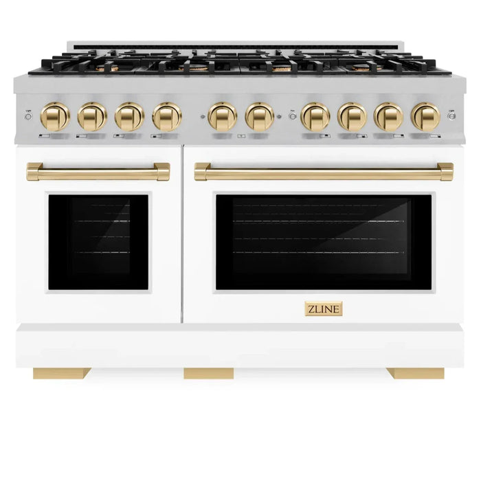 ZLINE Autograph Edition 48" 6.7 cu. ft. Select Double Oven Gas Range with 8 Burners in DuraSnow® Stainless Steel with White Matte Doors and Polished Gold Accents, HGRSZ-WM-48-G