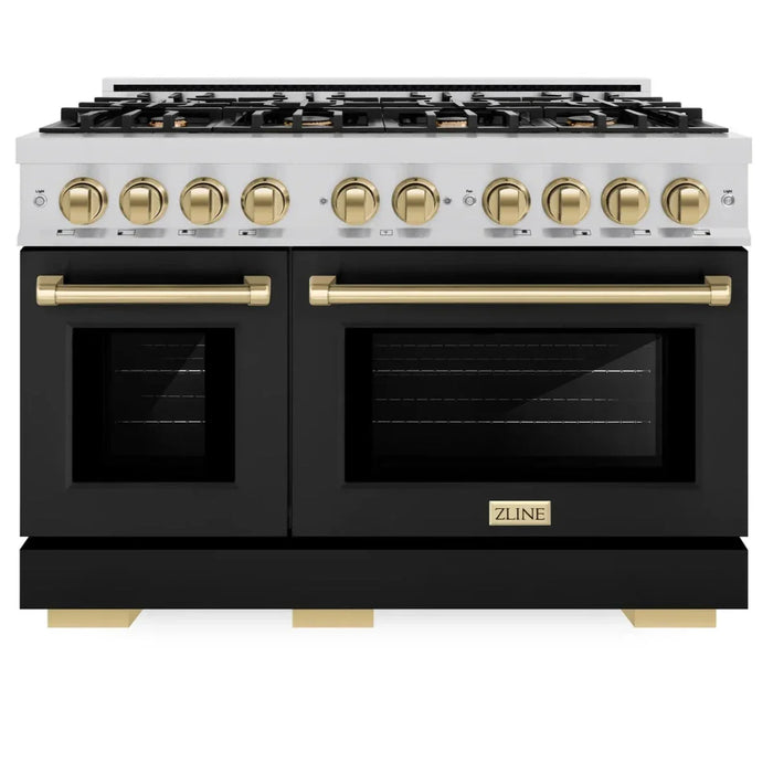 ZLINE Autograph Edition 48" 6.7 cu. ft. Select Double Oven Dual Fuel Range with 8 Burners in Stainless Steel with Black Matte Doors and Champagne Bronze Accents, HDRZ-BLM-48-CB