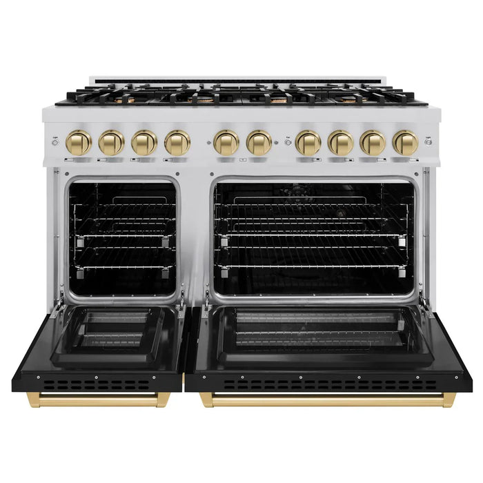 ZLINE Autograph Edition 48" 6.7 cu. ft. Select Double Oven Dual Fuel Range with 8 Burners in Stainless Steel with Black Matte Doors and Champagne Bronze Accents, HDRZ-BLM-48-CB