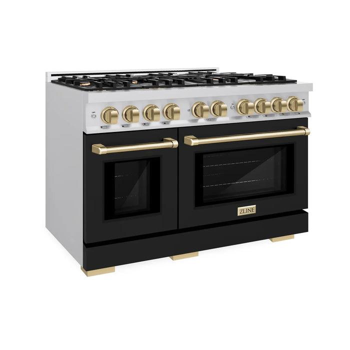 ZLINE Autograph Edition 48" 6.7 cu. ft. Select Double Oven Dual Fuel Range with 8 Burners in Stainless Steel with Black Matte Doors and Champagne Bronze Accents, HDRZ-BLM-48-CB