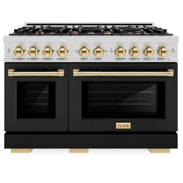 ZLINE Autograph Edition 48" 6.7 cu. ft. Select Double Oven Dual Fuel Range with 8 Burners in Stainless Steel with Black Matte Doors and Polished Gold Accents, HDRZ-BLM-48-G